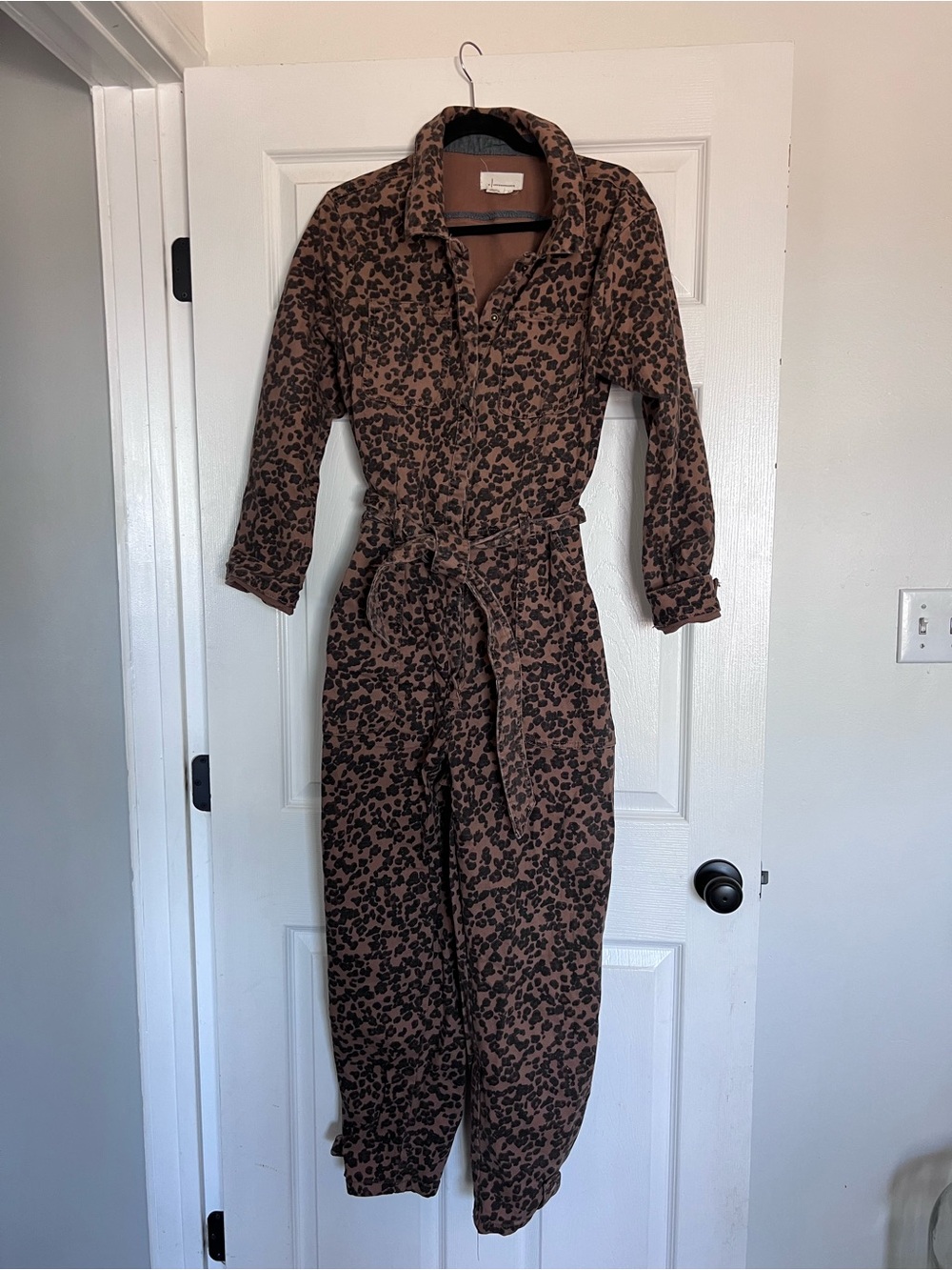Anthropologie Brown Leopard-Print Utility Jumpsuit